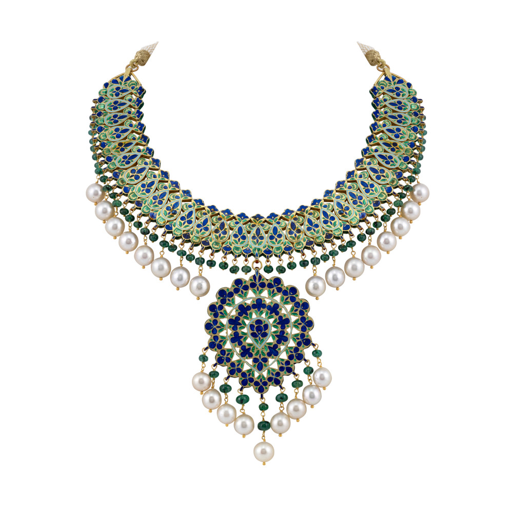 Polki and Pearl Choker Necklace with Emerald Accents
